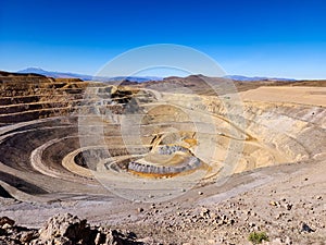Aerial view of an open-pit mine with closed and remediated benches and mineral extraction platforms