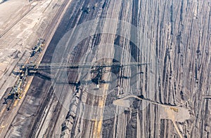 Aerial view of an open pit mine in Germany with brown coal digging by giant excavators