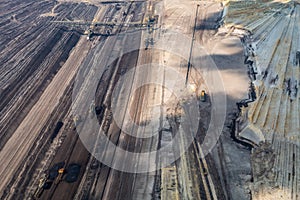 Aerial view of an open pit mine in Germany with brown coal digging by giant excavators