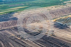 Aerial view of an open pit mine in Germany with brown coal digging by giant excavators