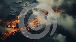 Aerial View Of Orange Lava Flowing Across Clouds