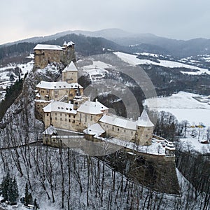 Aerial view of Orava Castle in winter, Slovakia