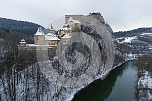 Aerial view of Orava Castle in winter, Slovakia