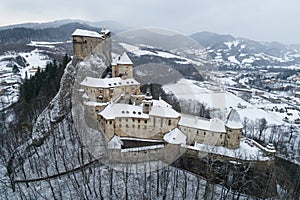 Aerial view of Orava Castle in winter, Slovakia