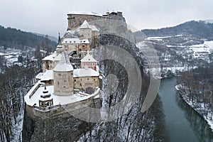 Aerial view of Orava Castle in winter, Slovakia