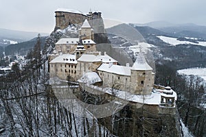 Aerial view of Orava Castle in winter, Slovakia