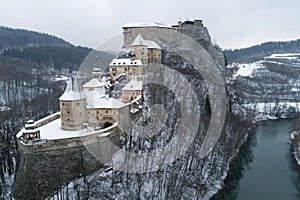 Aerial view of Orava Castle in winter, Slovakia