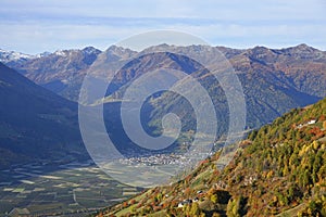 Aerial view of the orchards of Adige valley, South Tyrol, Italy