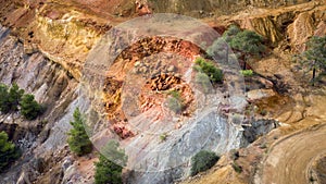 Aerial view on ore and sulfide deposits of Kokkinopezoula opencast mine near Mitsero, Cyprus