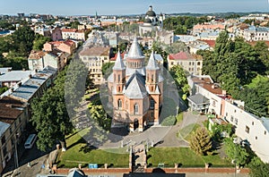 Aerial view of an Organ hall located in former armenian church in Chernivtsi, Ukraine