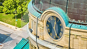Aerial View of Ornate Clock on Historical Church, Urban Park Setting