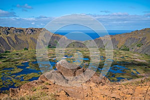 Aerial view of Orongo archaeological site, Easter Island in Chile