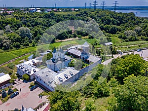 Aerial view of the Orthodox Christian monastery in the city of Slatina, Romania.