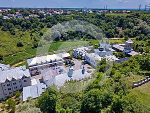 Aerial view of the Orthodox Christian monastery in the city of Slatina, Romania