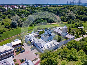 Aerial view of the Orthodox Christian monastery in the city of Slatina, Romania