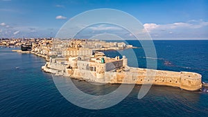 Aerial view of Ortigia, historical centre of the city of Syracuse. Aerial view of Maniace fortress in Ortigia, Sicily, Italy. San photo