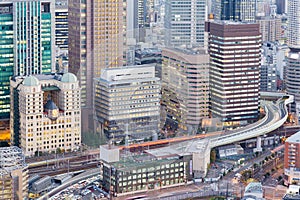 Aerial view, Osaka city office building and road, Japan