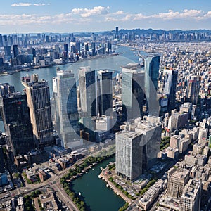 Aerial view of Osaka city from sky building. Bird eye view of cityscape with crowded skyscrapers offices and