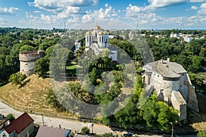 Aerial view of Ostroh Castle in Ostroh town, Rivne region, Ukraine