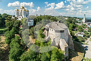 Aerial view of Ostroh Castle in Ostroh town, Rivne region, Ukraine