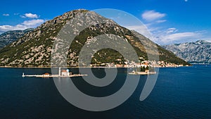 Aerial view of the Our Lady of the Rocks church and Island of Sveti Djordje in the Kotor Bay near Perast town, Montenegro