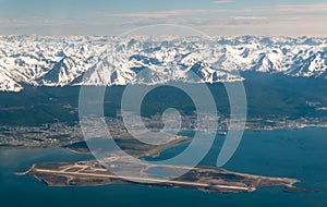 Aerial view over airport and city of Ushuaia, Argentina