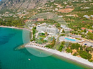 Aerial view over Almyros beach with luxurious hotels and resorts in Kato verga kalamata, Greece