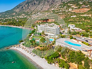 Aerial view over Almyros beach with luxurious hotels and resorts in Kato verga kalamata, Greece