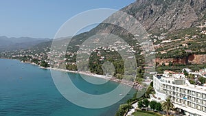 Aerial view over Almyros beach with luxurious hotels and resorts in Kato verga kalamata, Greece