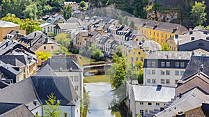 Aerial view over Alzette river and Grund neighbourhood in Luxembourg