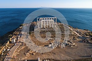 Aerial view over the ancient Temple of Poseidon at Cape Sounio, Attica, Greece