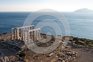 Aerial view over the ancient Temple of Poseidon at Cape Sounio, Attica, Greece