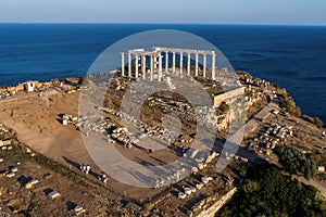 Aerial view over the ancient Temple of Poseidon at Cape Sounio, Attica, Greece