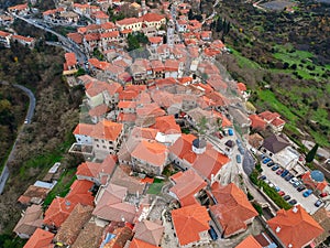 Aerial view over the beautiful historical village Dimitsana during winter period in Arcadia, Peloponnese, Greece