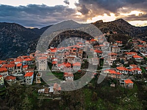 Aerial view over the beautiful historical village Dimitsana during winter period in Arcadia, Peloponnese, Greece