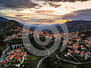 Aerial view over the beautiful historical village Dimitsana during winter period in Arcadia, Peloponnese, Greece