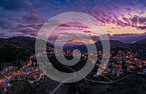 Aerial view over the beautiful historical village Dimitsana during winter period in Arcadia, Peloponnese, Greece