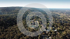 Aerial view over Bowen Mountain village with Kurrajong farmland and Blue Mountains foothills