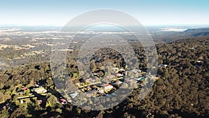 Aerial view over Bowen Mountain village with Kurrajong farmland and Blue Mountains foothills