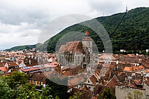 Aerial view over the Brasov town, Black church and Tampa mountain