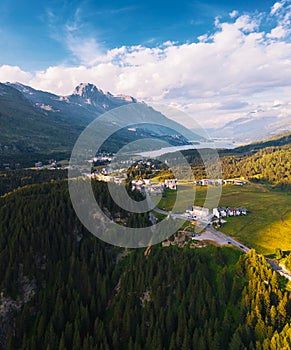 Aerial view over Bregaglia in the Maloja District and Lake Sils in Switzerland