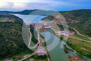 Aerial view over the bui dam in ghana