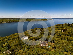 Aerial view over the calm waters in Oyster Bay near Lloyd Harbor, New York on a sunny day