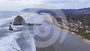 Aerial View Over Cannon Beach Pacific Ocean Coast Oregon