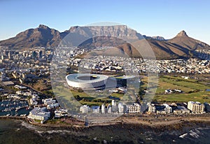 Aerial view over Cape Town, Cape Town stadium and Table Mountain