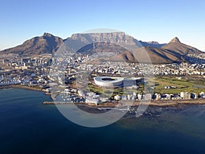 Aerial view over Cape Town, Cape Town stadium and Table Mountain