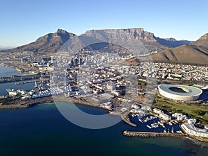 Aerial view over Cape Town, Cape Town stadium and Table Mountain