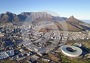 Aerial view over Cape Town, Cape Town stadium and Table Mountain