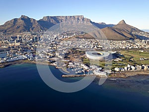 Aerial view over Cape Town, with Cape Town stadium and Table Mountain