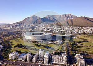 Aerial view over Cape Town, with Cape Town stadium and Table Mountain